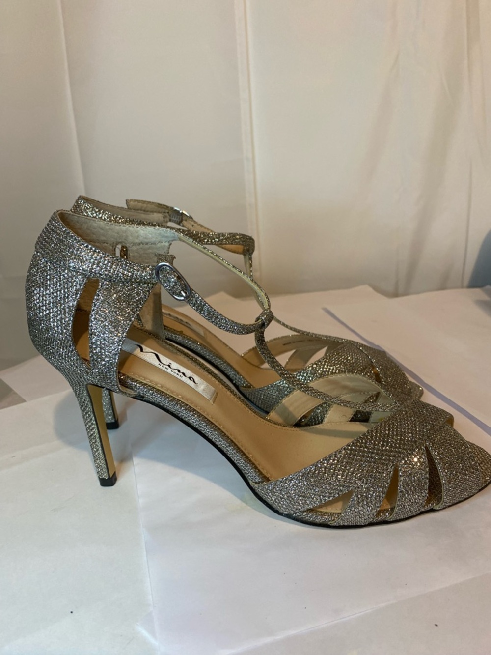 Nina Glitter T-Strap Peep-Toe Heels in Silver - Picture 2 of 16